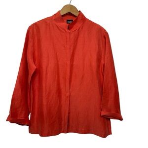 Eileen Fisher Coral Linen Silk Blend Mandarin Collar Button Up Blouse Size Small